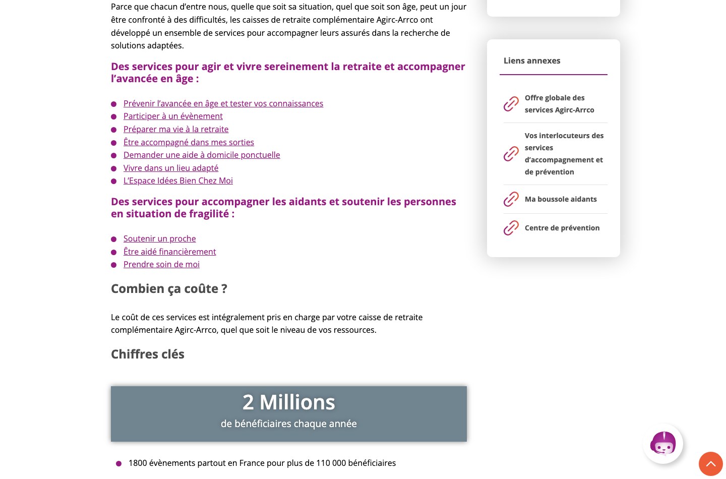 Page officielle Agirc-Arrco Accompagnement et prevention listant les dix services d action sociale sans aucune mention de vacances