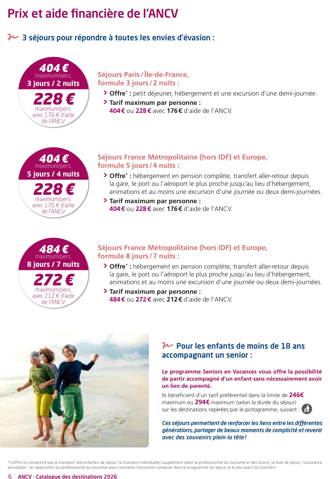 Page Prix et aide financiere du catalogue officiel ANCV Seniors en Vacances 2026 avec les tarifs 404 484 228 et 272 euros