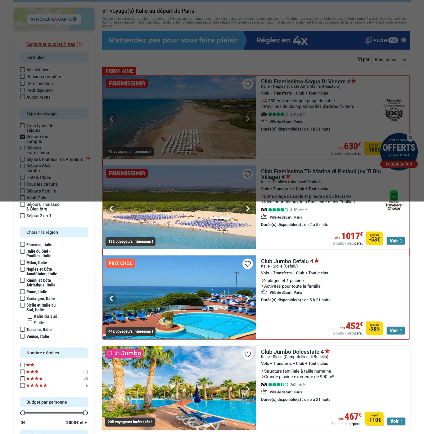 Capture d'écran du listing Fram voyage all inclusive Italie du 20 août 2026 : clubs Framissima et Jumbo avec leurs prix pour 5 nuits