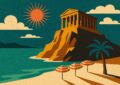 Illustration facon affiche de voyage vintage : temple grec au-dessus d'une baie mediterraneenne, parasols rayes sur la plage, soleil rayonnant corail