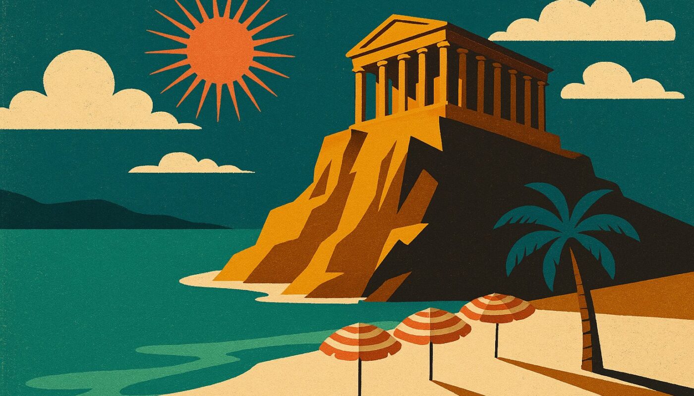 Illustration facon affiche de voyage vintage : temple grec au-dessus d'une baie mediterraneenne, parasols rayes sur la plage, soleil rayonnant corail