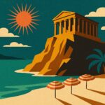 Illustration facon affiche de voyage vintage : temple grec au-dessus d'une baie mediterraneenne, parasols rayes sur la plage, soleil rayonnant corail