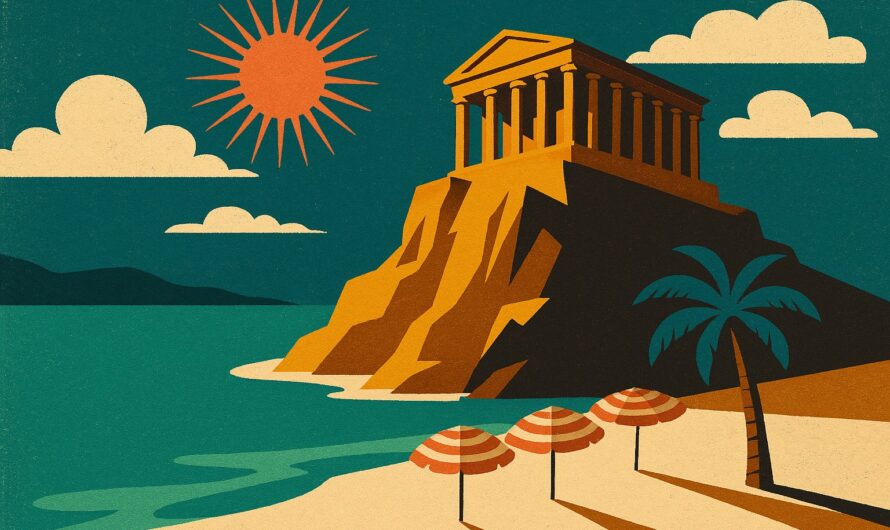Illustration facon affiche de voyage vintage : temple grec au-dessus d'une baie mediterraneenne, parasols rayes sur la plage, soleil rayonnant corail