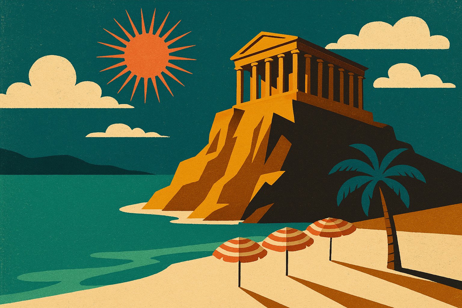 Illustration facon affiche de voyage vintage : temple grec au-dessus d'une baie mediterraneenne, parasols rayes sur la plage, soleil rayonnant corail