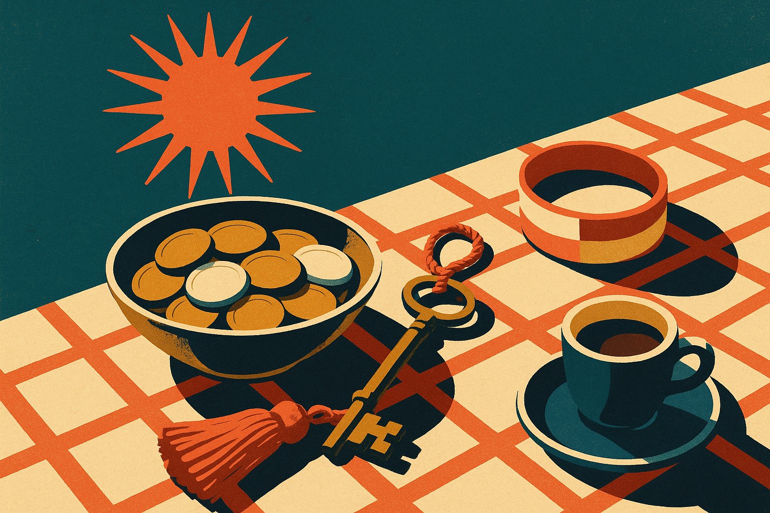 Illustration façon affiche de voyage vintage : coupelle de pièces de monnaie, clé de chambre et bracelet de club sur une nappe à carreaux