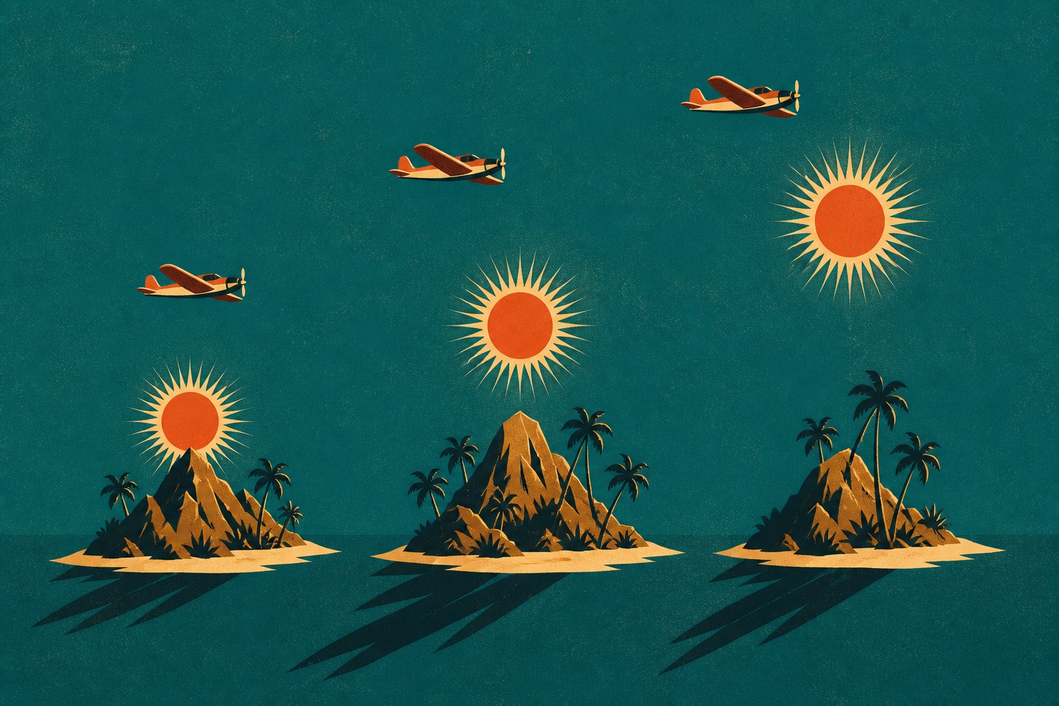 Illustration affiche vintage : trois îles ensoleillées sous des soleils placés à des hauteurs différentes et trois avions à des altitudes distinctes