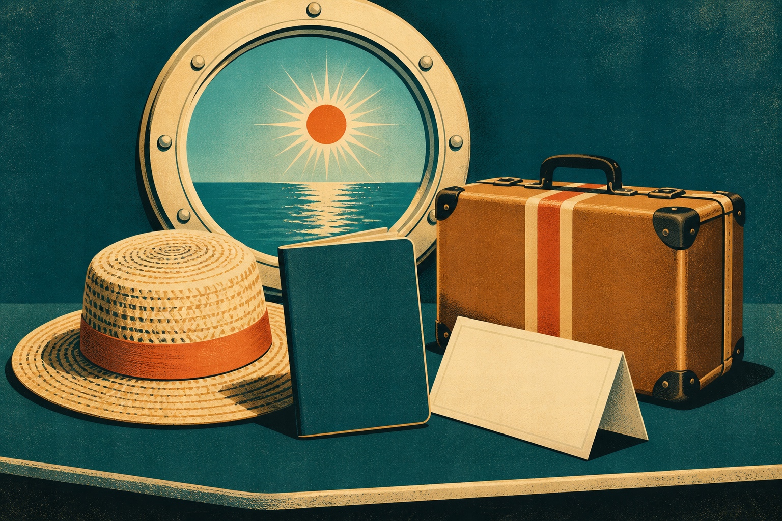 Illustration affiche vintage : passeport vierge, valise rétro, chapeau de paille et billet plié posés sur une table devant un hublot ensoleillé