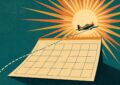 Illustration affiche vintage : un avion qui s'envole d'un calendrier vierge vers un soleil rayonnant