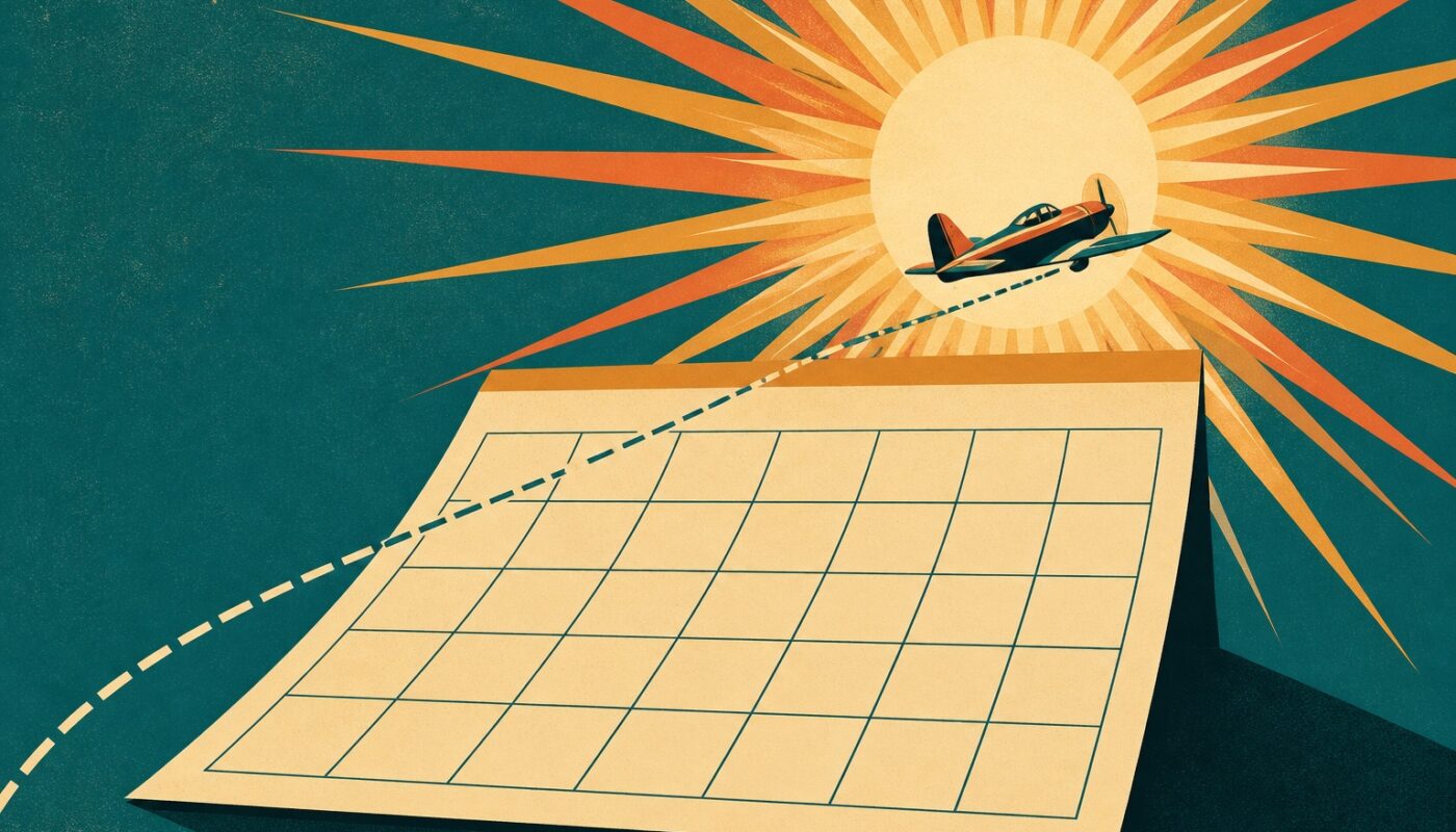 Illustration affiche vintage : un avion qui s'envole d'un calendrier vierge vers un soleil rayonnant