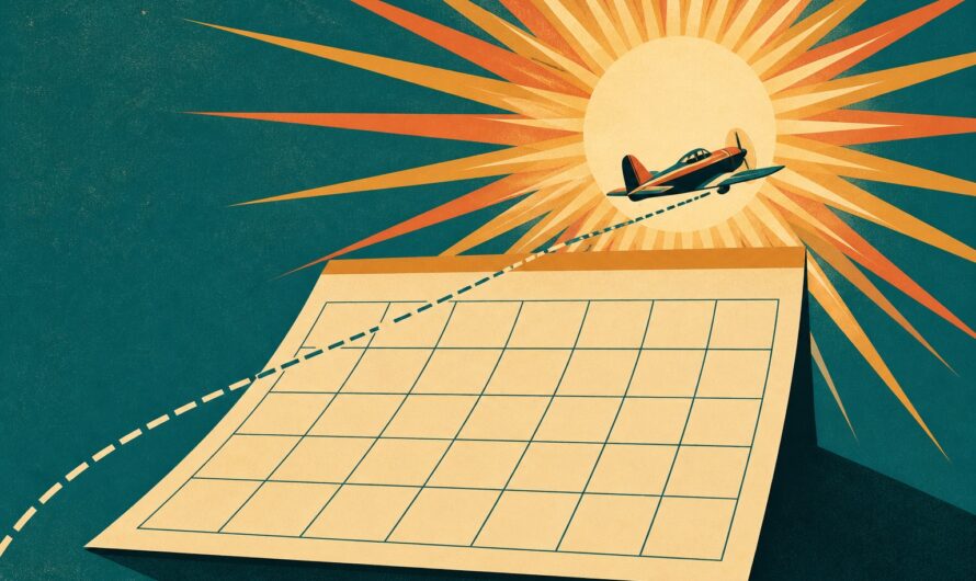 Illustration affiche vintage : un avion qui s'envole d'un calendrier vierge vers un soleil rayonnant