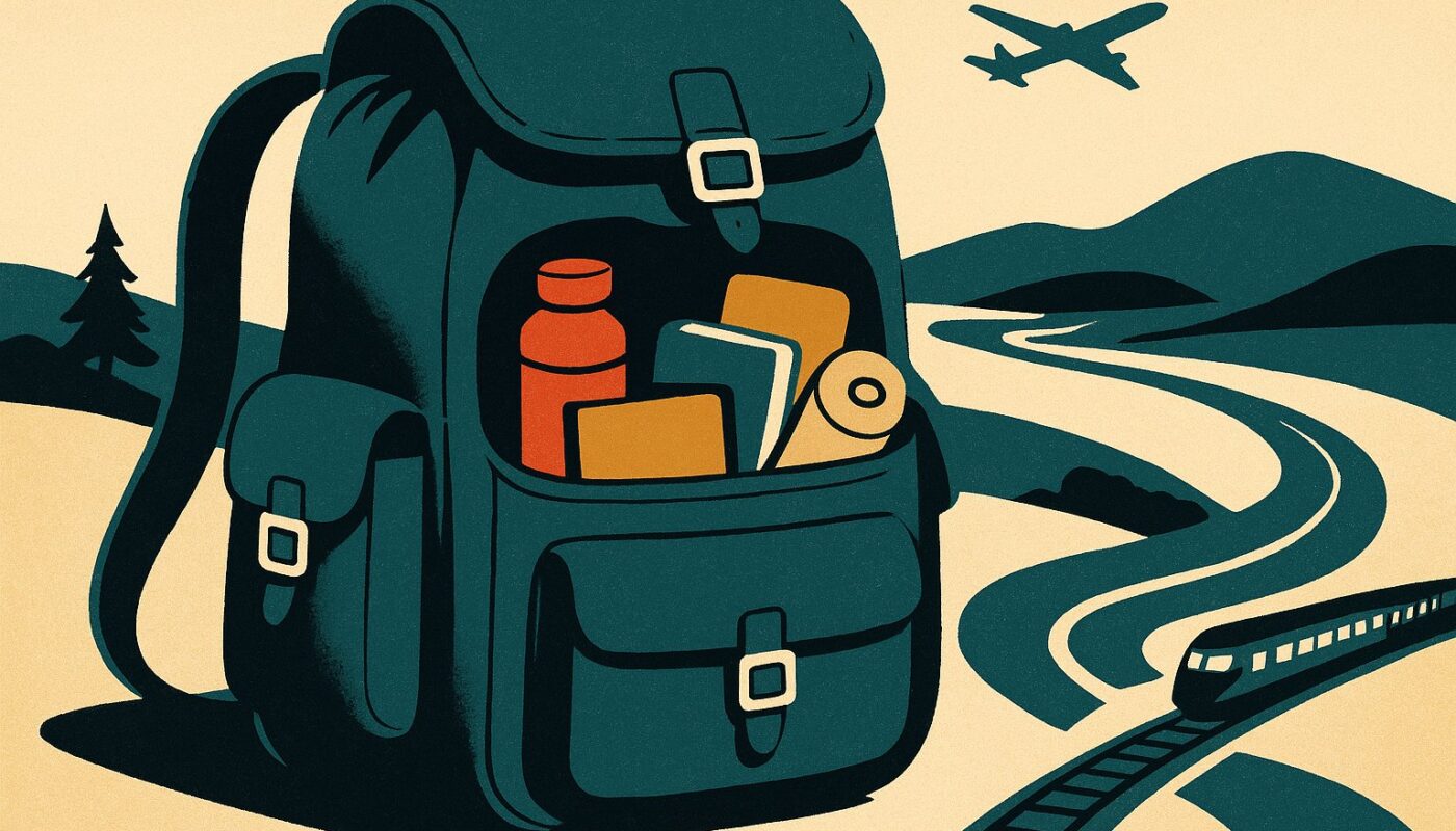 Illustration vintage d'un sac à dos de voyage ouvert