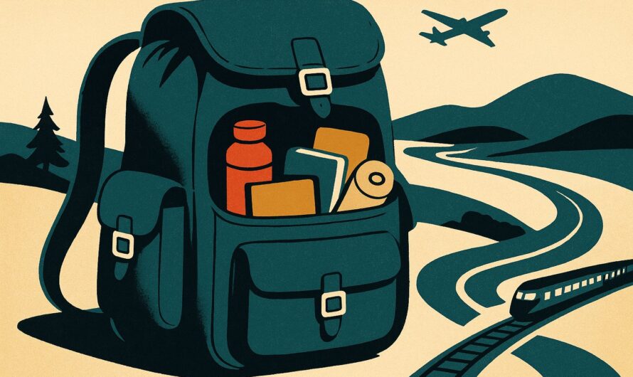 Illustration vintage d'un sac à dos de voyage ouvert