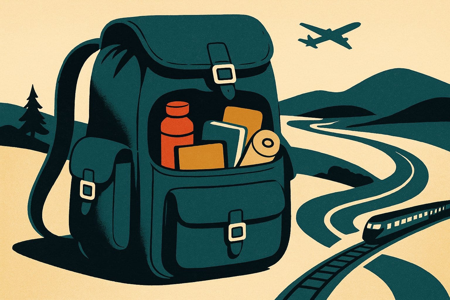 Illustration vintage d'un sac à dos de voyage ouvert