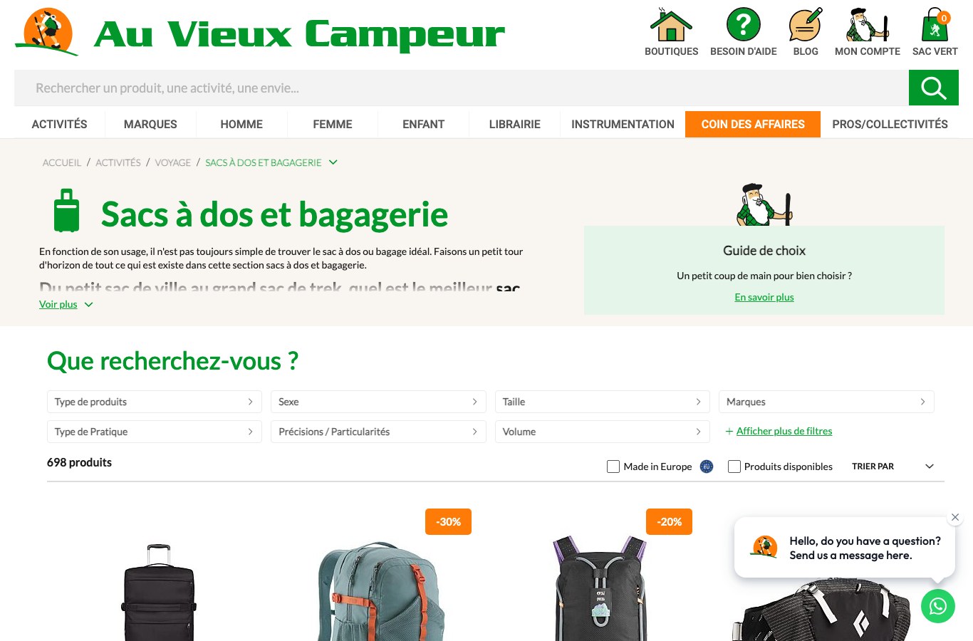 Catégorie sacs à dos et bagagerie du site Au Vieux Campeur le 19 août 2026