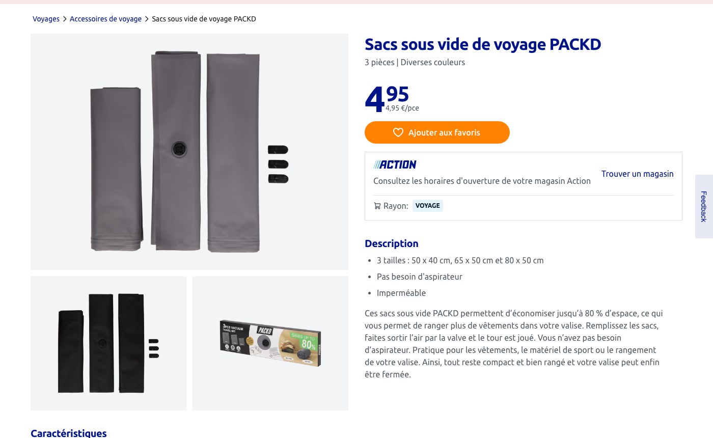 Fiche produit des sacs sous vide de voyage PACKD sur le site Action, avec les trois tailles et la promesse de 80 pour cent