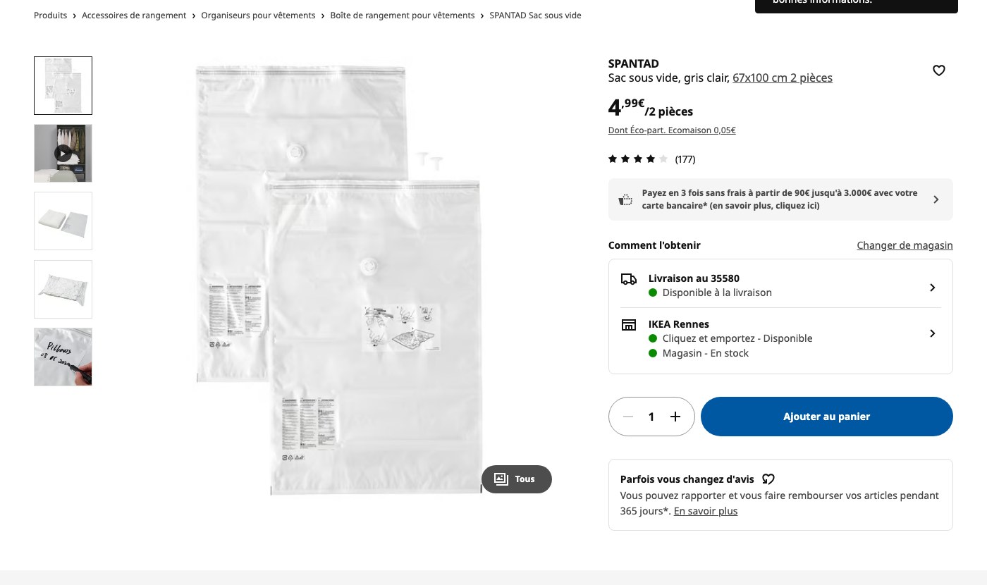 Fiche produit IKEA du sac sous vide SPANTAD, gris clair, 67 x 100 cm, lot de deux pièces