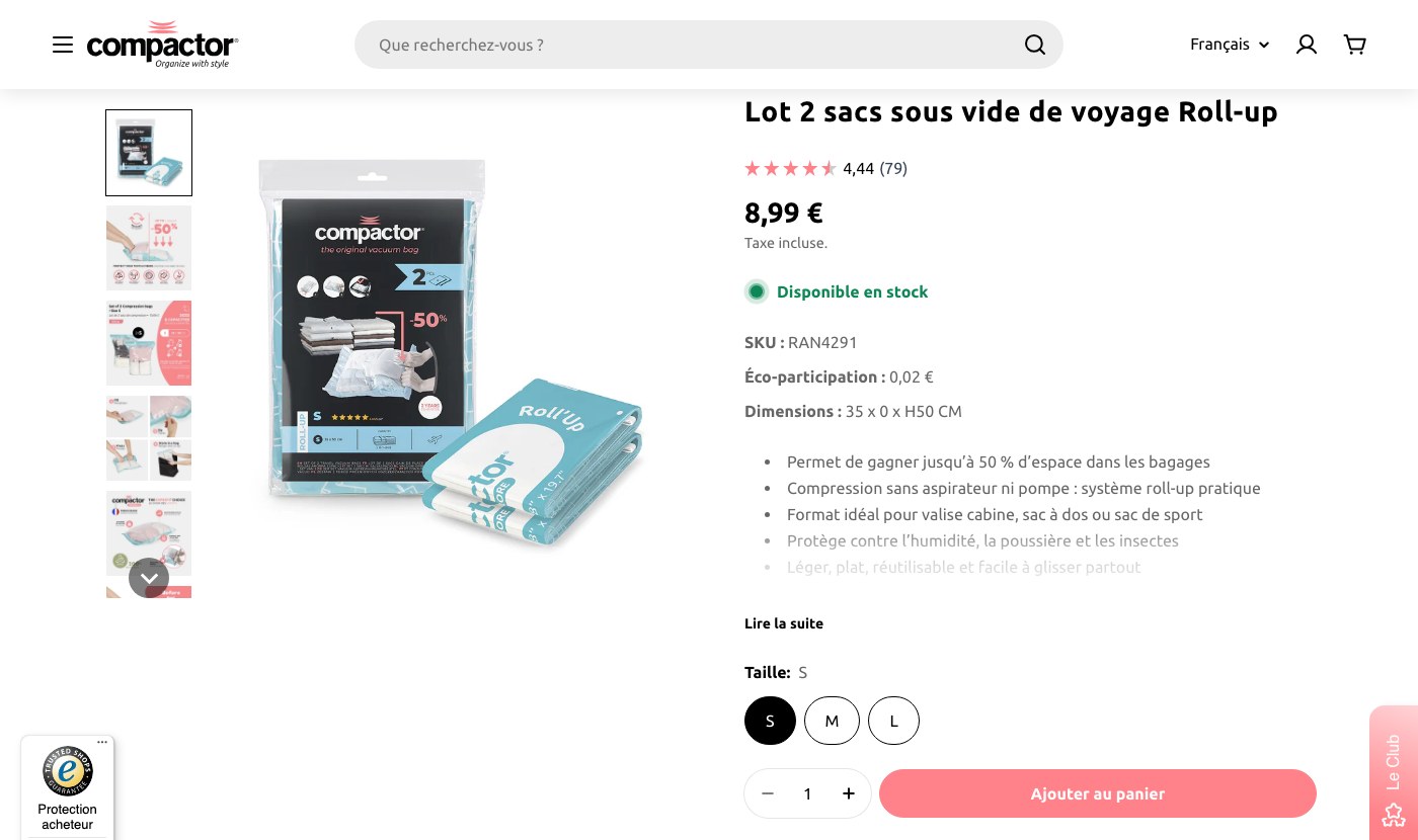 Page produit du lot de deux sacs sous vide de voyage Roll-up de Compactor avec le prix et les dimensions