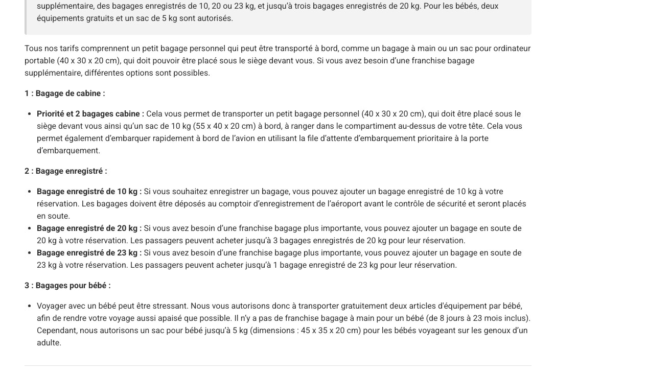 Page officielle de la politique bagages de Ryanair indiquant 40 x 30 x 20 cm pour le petit bagage et 55 x 40 x 20 cm pour le sac de 10 kg