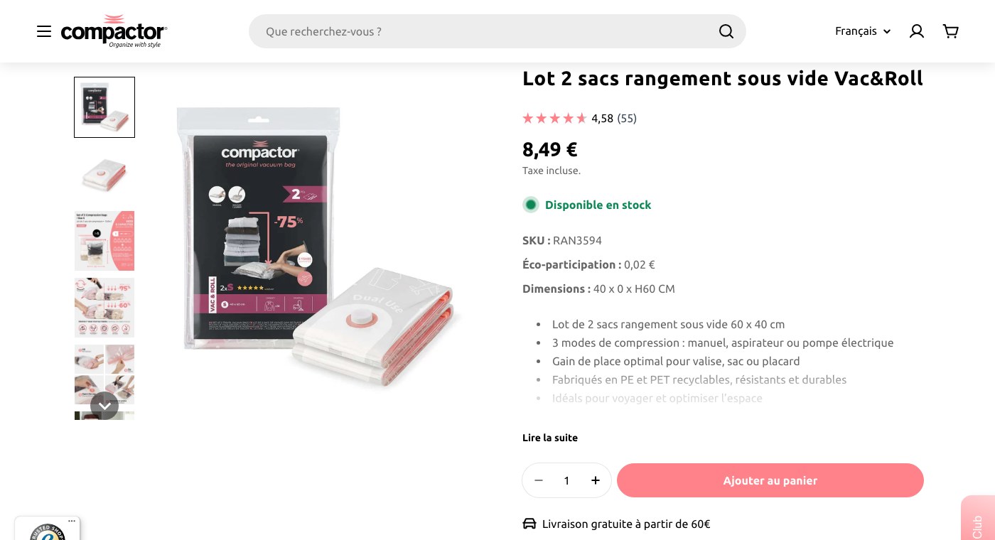 Page produit du lot de deux sacs de rangement sous vide Vac and Roll de Compactor indiquant 60 x 40 cm