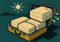 Valise ouverte remplie de paquets de vetements compresses sous vide, illustration style affiche de voyage vintage
