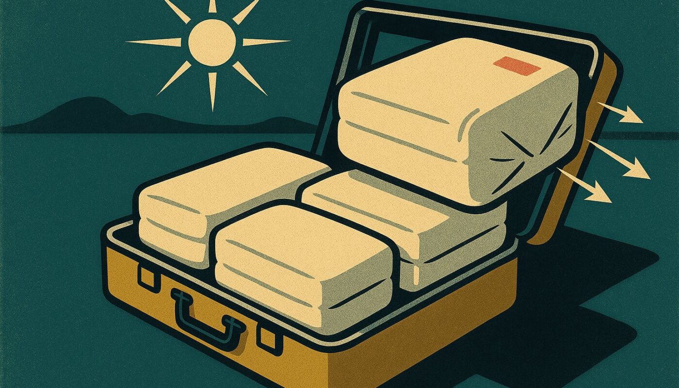 Valise ouverte remplie de paquets de vetements compresses sous vide, illustration style affiche de voyage vintage