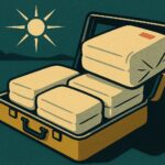 Valise ouverte remplie de paquets de vetements compresses sous vide, illustration style affiche de voyage vintage