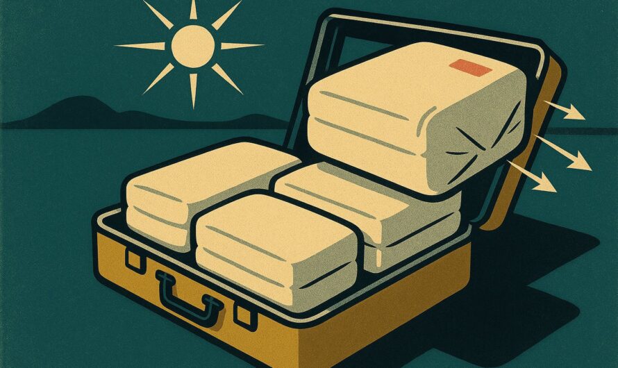 Valise ouverte remplie de paquets de vetements compresses sous vide, illustration style affiche de voyage vintage