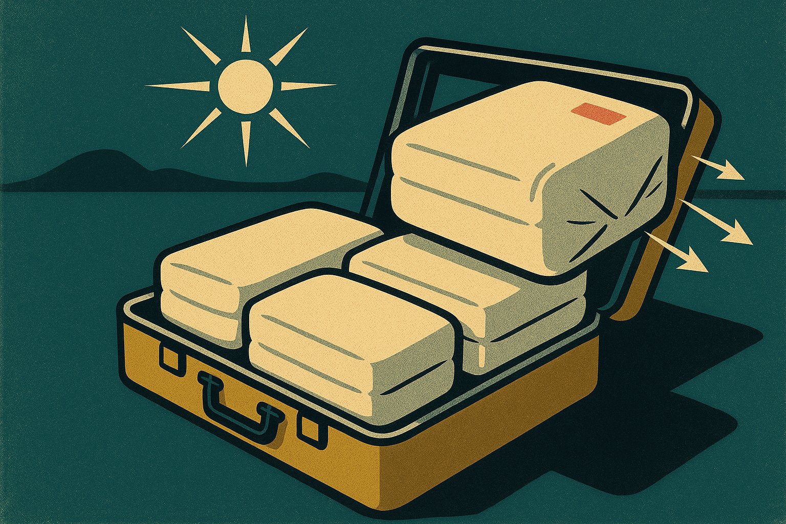 Valise ouverte remplie de paquets de vetements compresses sous vide, illustration style affiche de voyage vintage