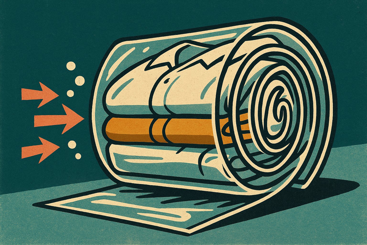 Illustration style affiche vintage d'un sac souple contenant des vêtements en train d'être enroulé sur lui-même, l'air s'échappant par le bord opposé