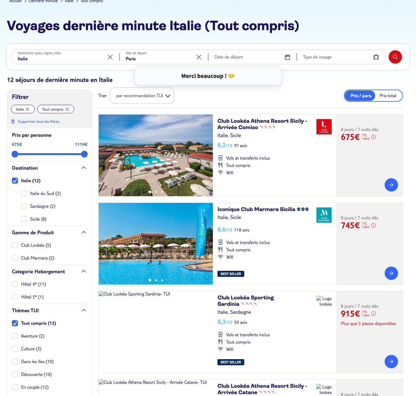 Capture d'écran du listing TUI dernière minute Italie tout compris du 20 août 2026 : clubs Lookéa et Marmara en Sicile et en Sardaigne avec leurs prix