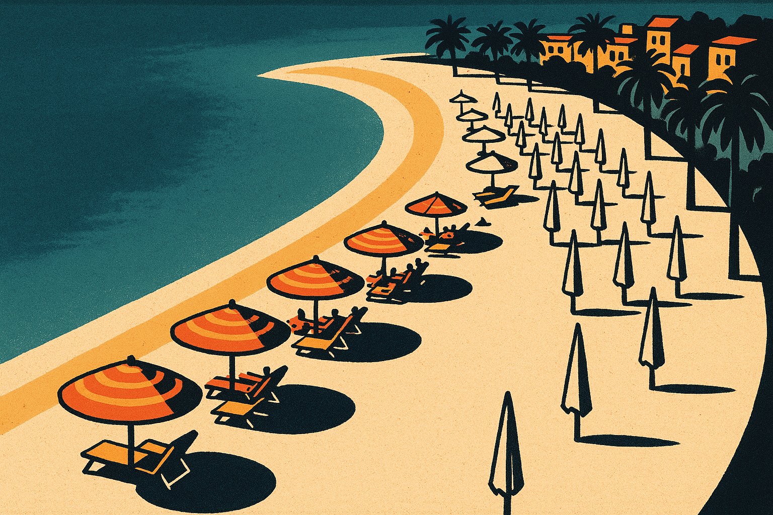 Illustration façon affiche de voyage vintage montrant une plage tunisienne vue du ciel, la moitié des rangées de parasols ouvertes et occupées, l'autre moitié fermées sur du sable désert