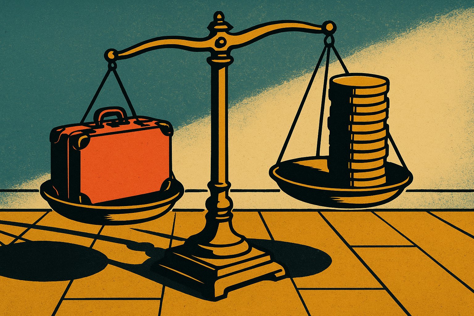 Illustration façon affiche de voyage vintage montrant une balance ancienne avec une petite valise sur un plateau et une pile de pièces plus lourde sur l'autre