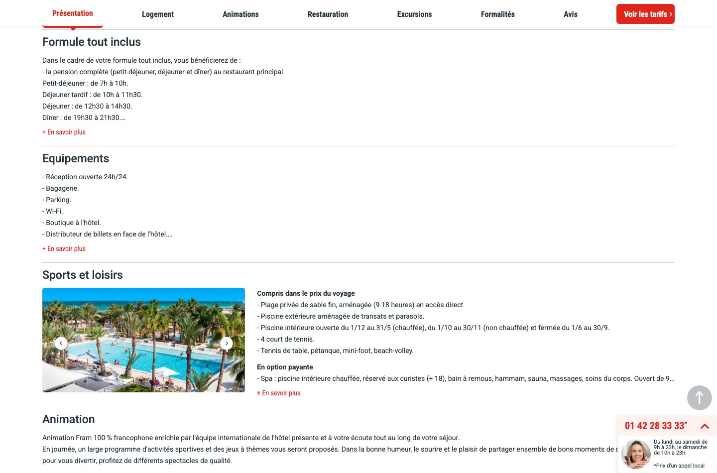 Fiche produit Fram du Club Framissima Palm Beach Djerba détaillant la formule tout inclus, les équipements et la liste des sports compris dans le prix ou en option payante