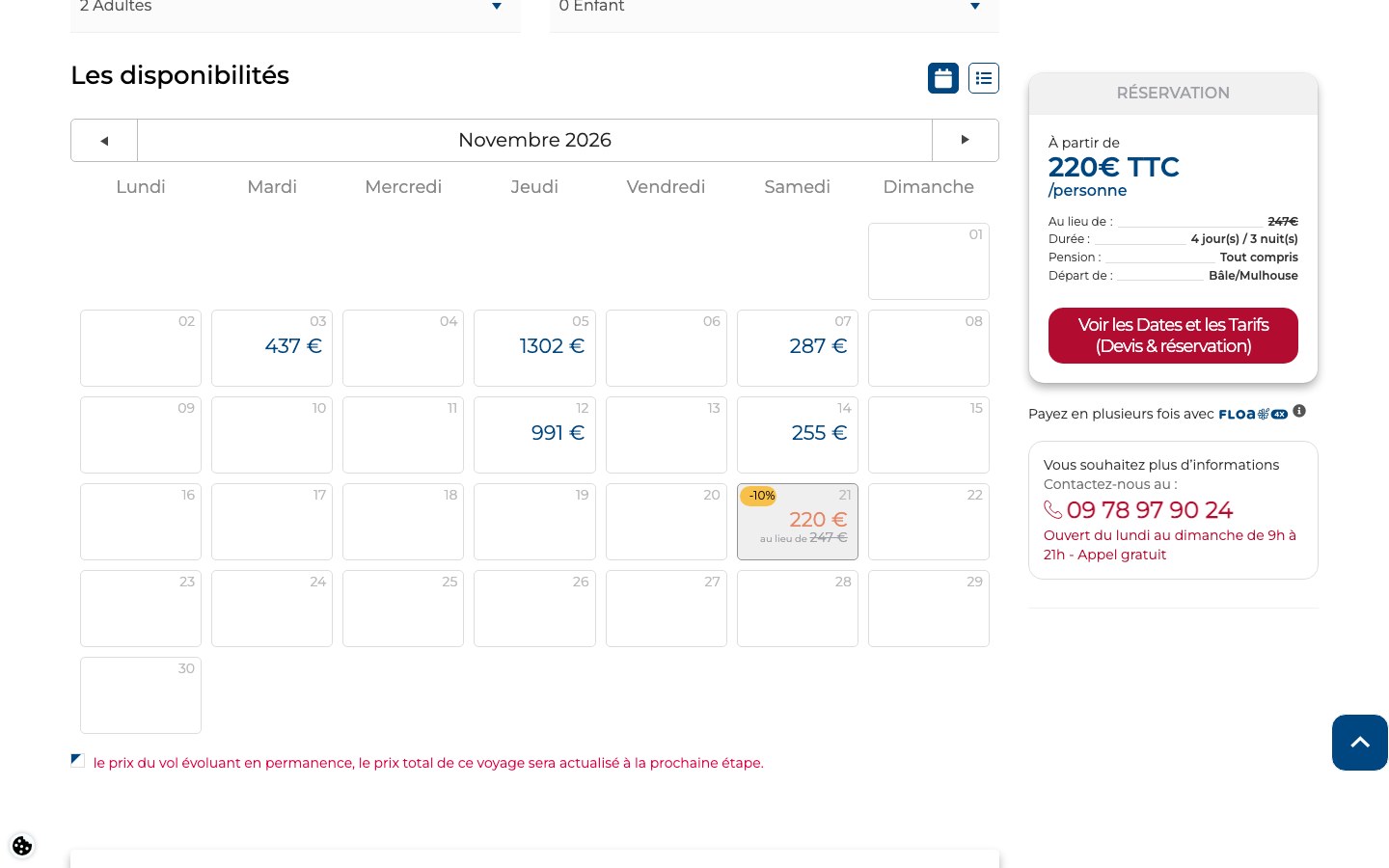 Calendrier de disponibilités Havas Voyages pour novembre 2026 montrant six dates de départ seulement et des prix allant de 220 à 1302 euros par personne