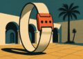 Illustration façon affiche de voyage vintage : un grand bracelet de club tout compris devant une arcade tunisienne blanchie à la chaux et un palmier