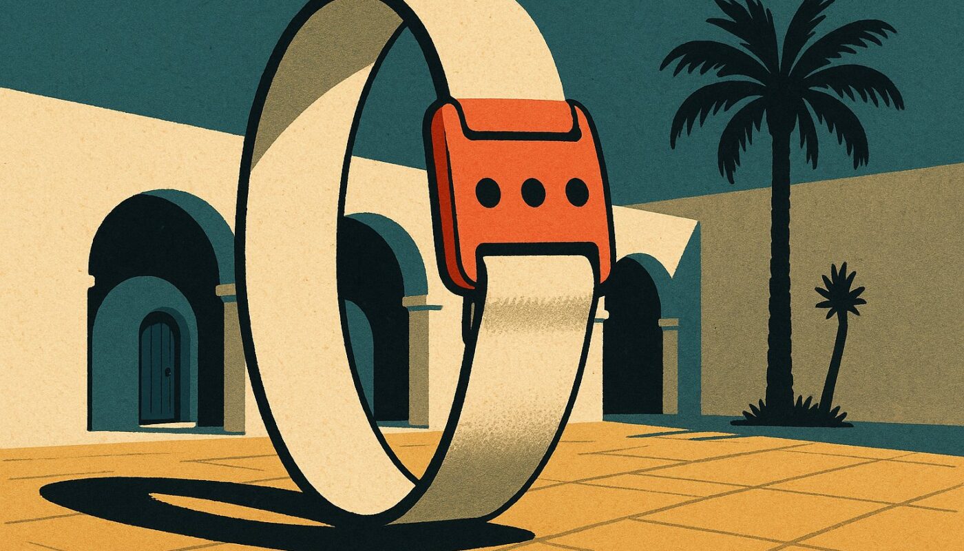 Illustration façon affiche de voyage vintage : un grand bracelet de club tout compris devant une arcade tunisienne blanchie à la chaux et un palmier