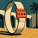Illustration façon affiche de voyage vintage : un grand bracelet de club tout compris devant une arcade tunisienne blanchie à la chaux et un palmier