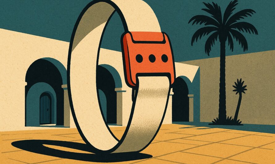 Illustration façon affiche de voyage vintage : un grand bracelet de club tout compris devant une arcade tunisienne blanchie à la chaux et un palmier