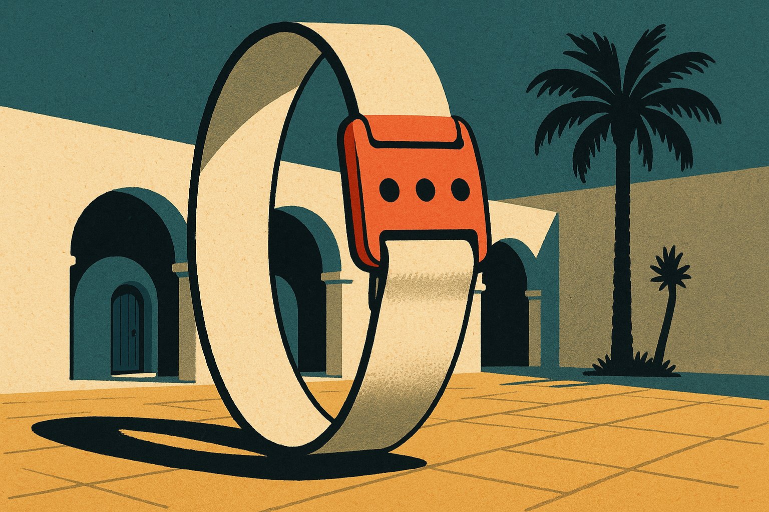 Illustration façon affiche de voyage vintage : un grand bracelet de club tout compris devant une arcade tunisienne blanchie à la chaux et un palmier