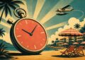Illustration vintage d'une vente flash voyage tout compris : chronomètre rétro devant une plage de club tout inclus avec parasols rayés