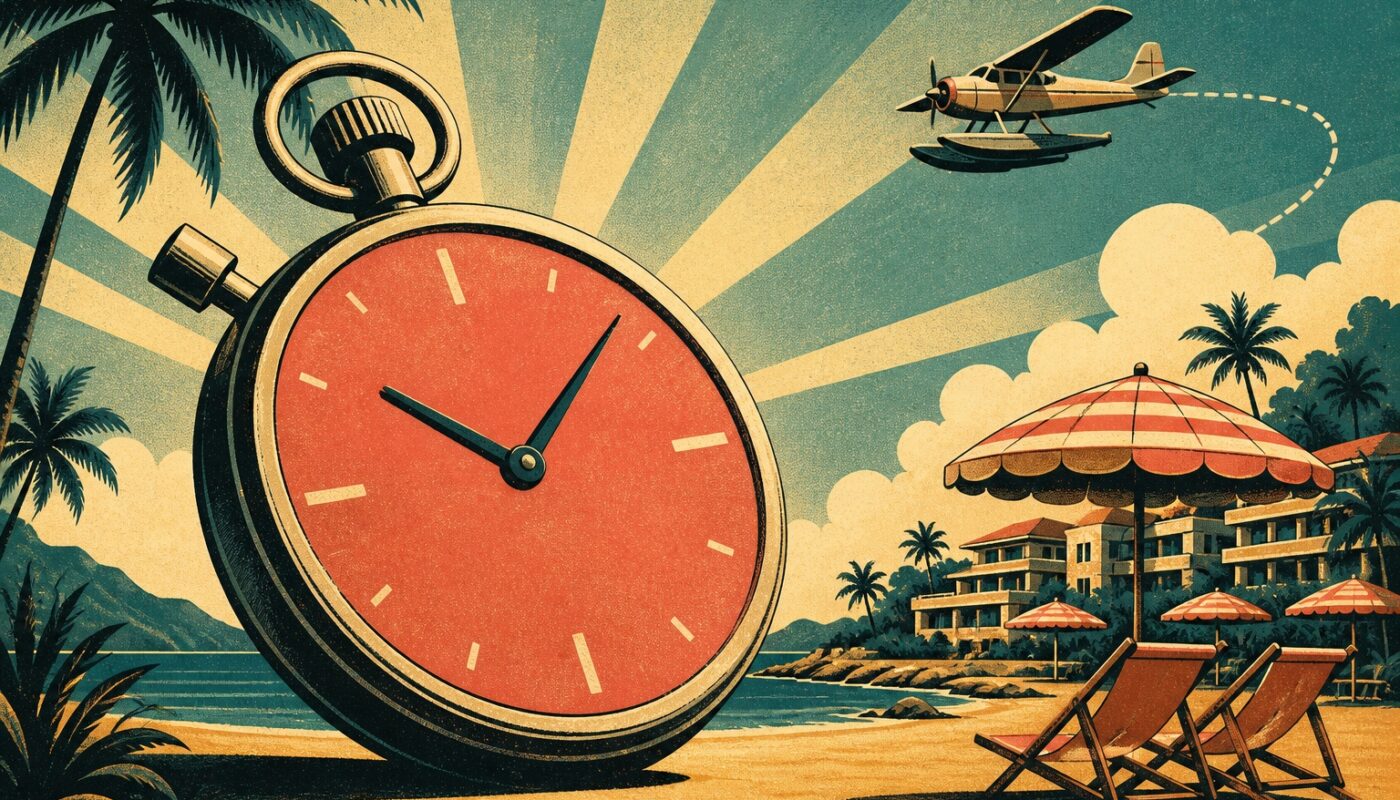 Illustration vintage d'une vente flash voyage tout compris : chronomètre rétro devant une plage de club tout inclus avec parasols rayés