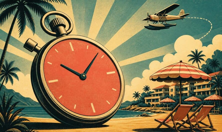 Illustration vintage d'une vente flash voyage tout compris : chronomètre rétro devant une plage de club tout inclus avec parasols rayés