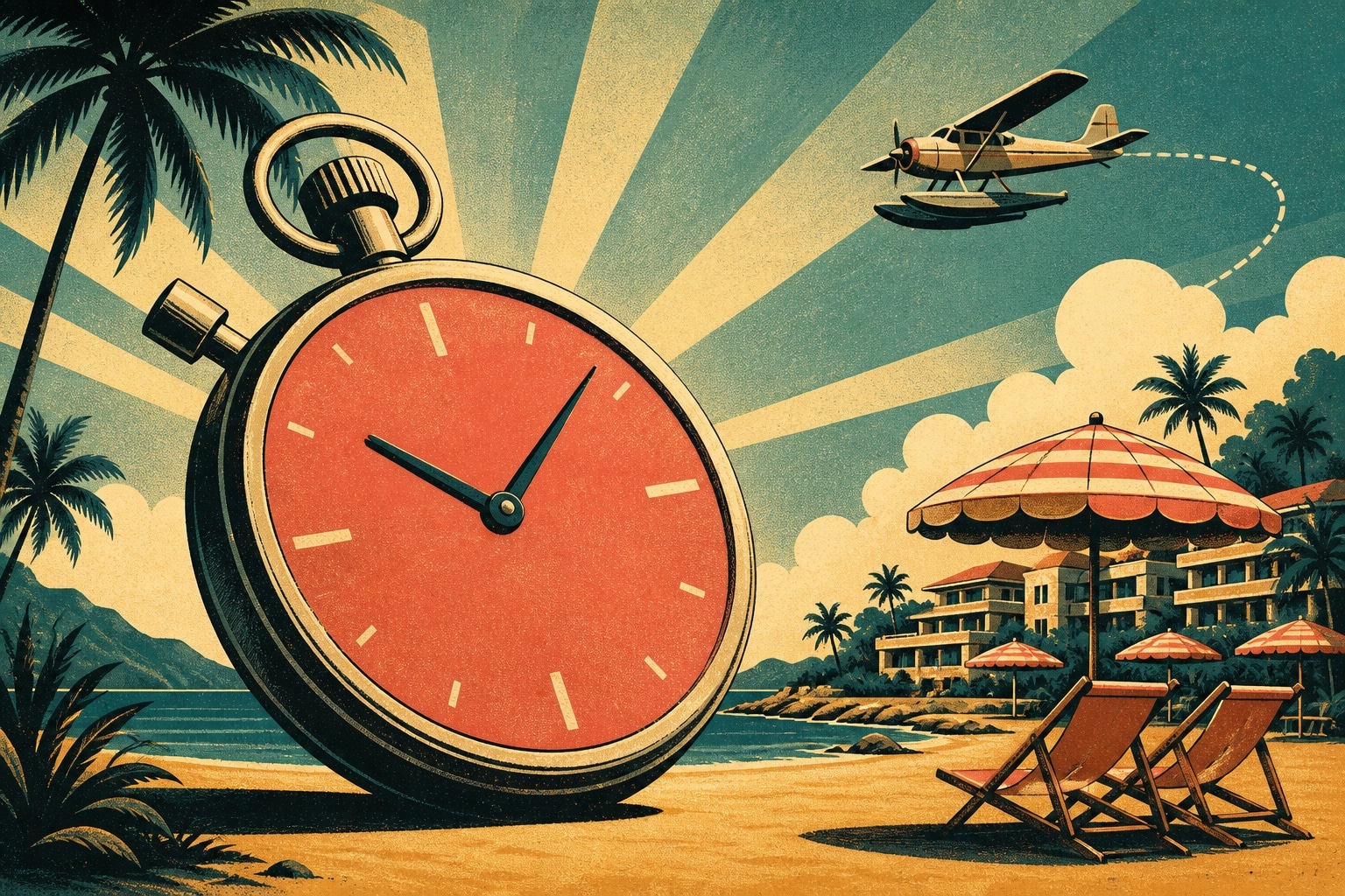 Illustration vintage d'une vente flash voyage tout compris : chronomètre rétro devant une plage de club tout inclus avec parasols rayés