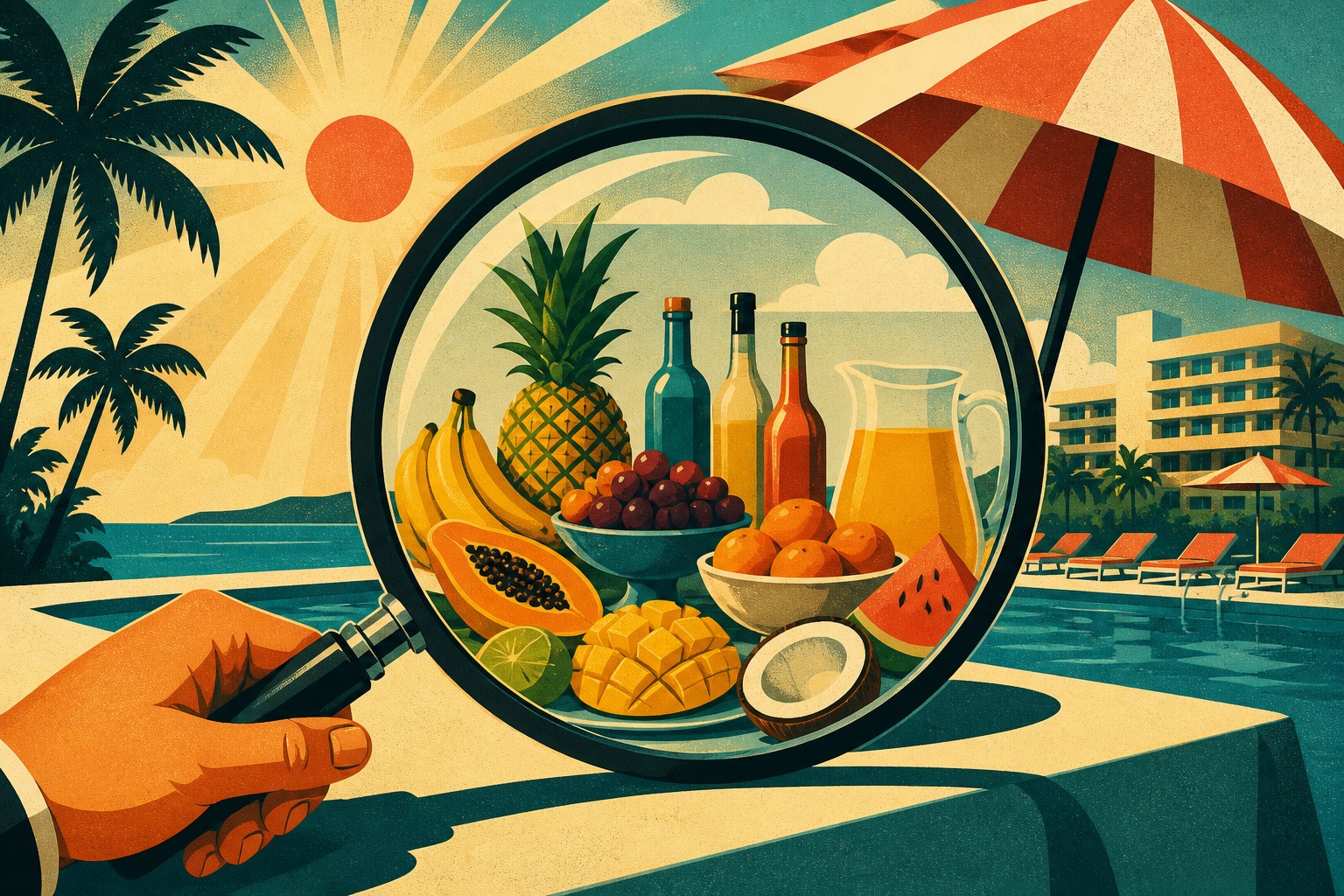Illustration vintage d'une loupe qui examine un buffet de club tout inclus : vérifier les inclusions du forfait