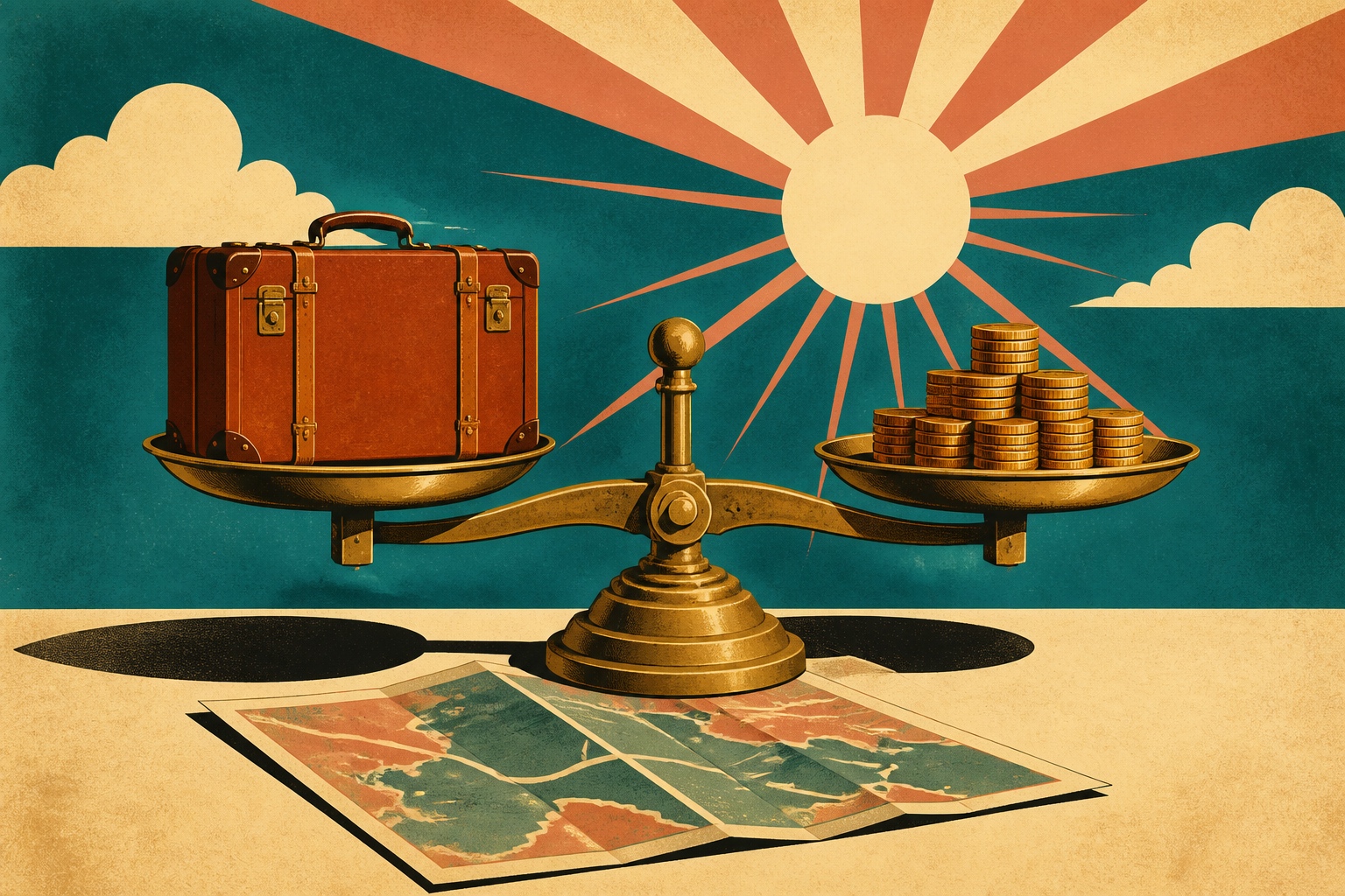 Illustration vintage d'une balance ancienne qui pèse une valise contre une pile de pièces : le prix par nuit remis à plat