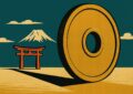 Illustration vintage : une grande piece de monnaie japonaise devant un torii et le mont Fuji, symbole du budget d un voyage au Japon