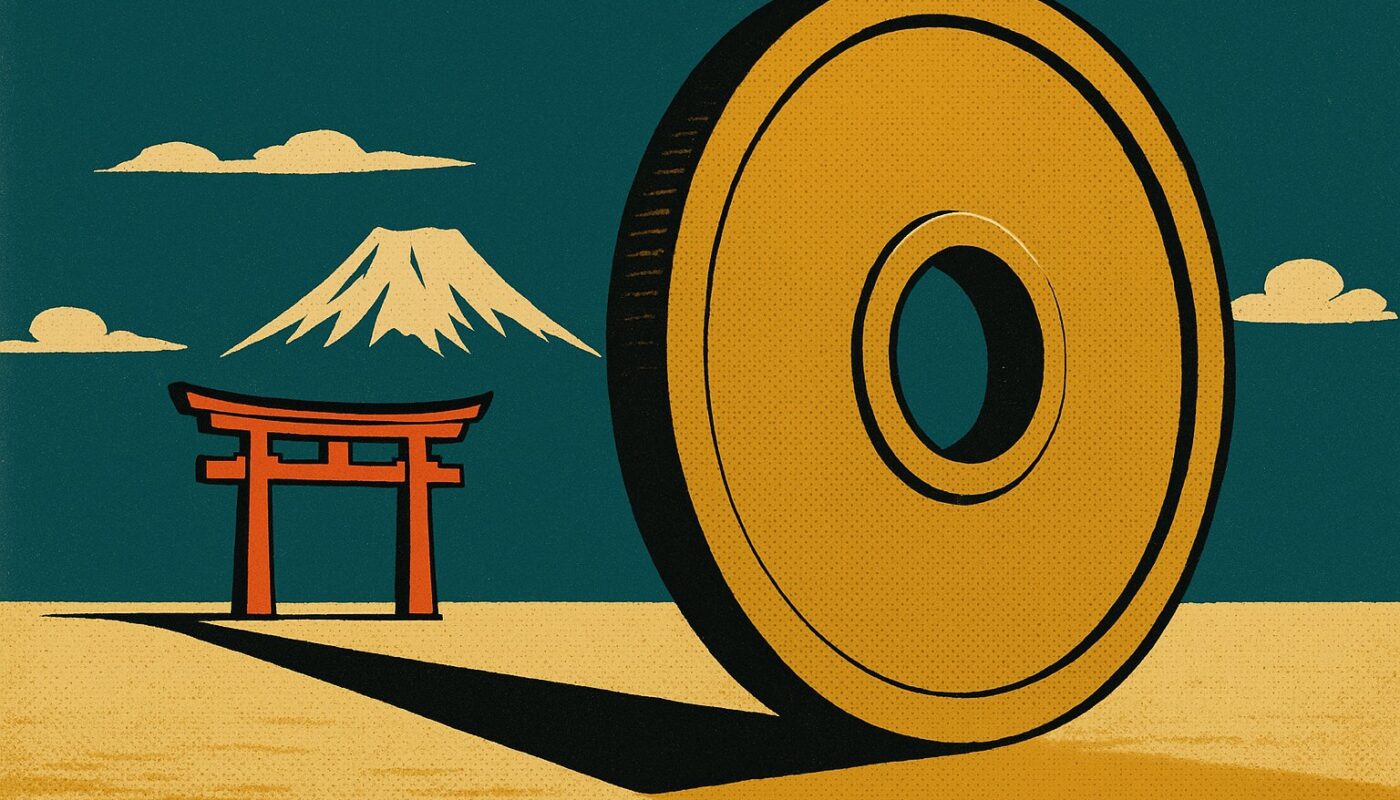 Illustration vintage : une grande piece de monnaie japonaise devant un torii et le mont Fuji, symbole du budget d un voyage au Japon