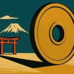 Illustration vintage : une grande piece de monnaie japonaise devant un torii et le mont Fuji, symbole du budget d un voyage au Japon