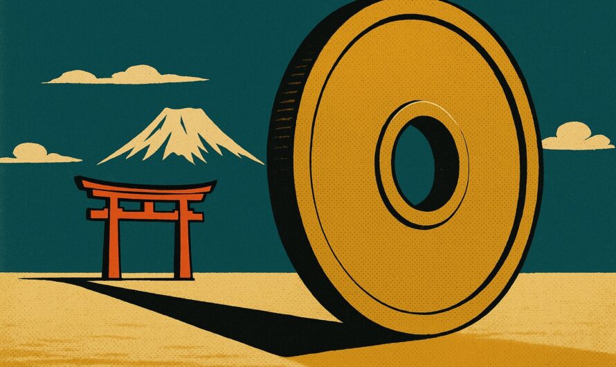 Illustration vintage : une grande piece de monnaie japonaise devant un torii et le mont Fuji, symbole du budget d un voyage au Japon
