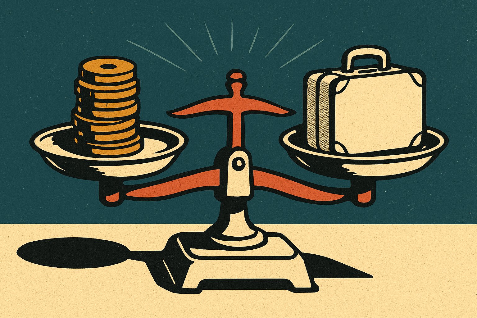Illustration : une balance où une pile de pièces japonaises fait contrepoids à une valise, symbole du budget réel d’un voyage au Japon